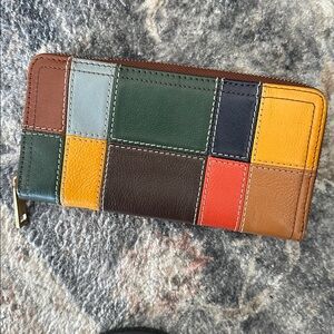 Fossil Brown Leather Colorblock Patchwork Wallet with Gold Accents